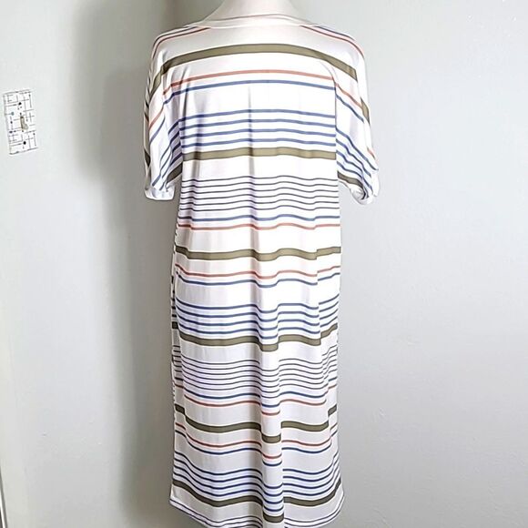 T-Shirt Dress, White with Blue, Pink & Gray Stripes, Size Medium - Picture 6 of 7